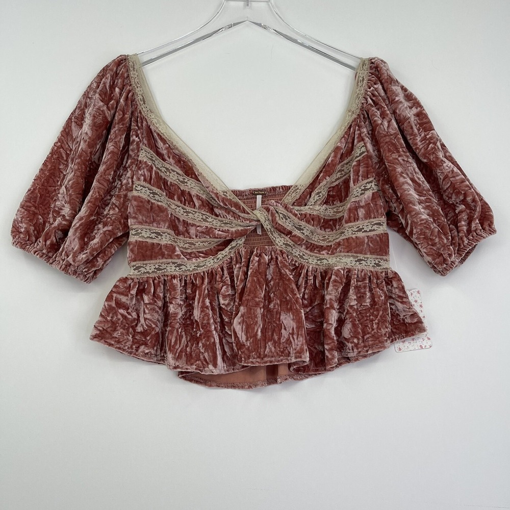Free People Womens Blouse Large Pink Lace Crop Top Short  Sleeve Velvet Shirt